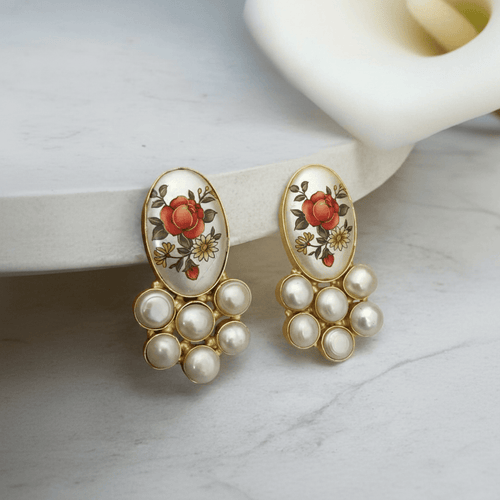 Aganya kreation Earrings Tamia Real Pearl Earrings - Elegant Brass & Gold Plating  flower Red flower