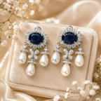 Aganya kreation Earrings Vritika Three Layered Pearl Styled Oval Drop Statement Earrings Dark blue (Silver plated)