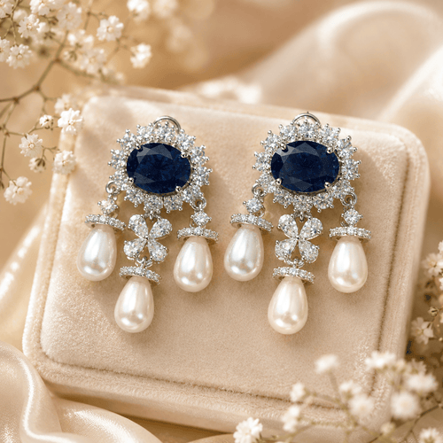 Aganya kreation Earrings Vritika Three Layered Pearl Styled Oval Drop Statement Earrings Dark blue (Silver plated)