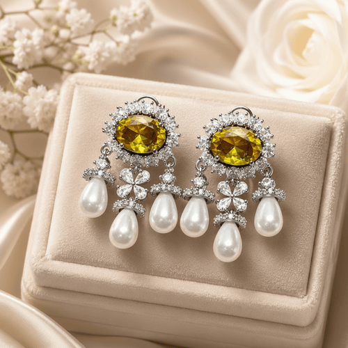 Aganya kreation Earrings Vritika Three Layered Pearl Styled Oval Drop Statement Earrings Yellow (Silver Plated)
