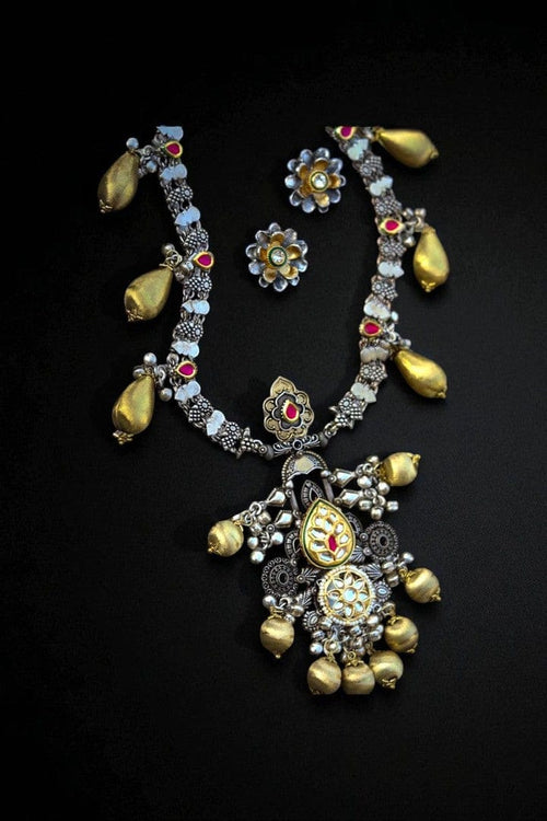 Aganya kreation German silver set Adhyavi Set - Elegant German Silver Jewelry with Kundan Pearls
