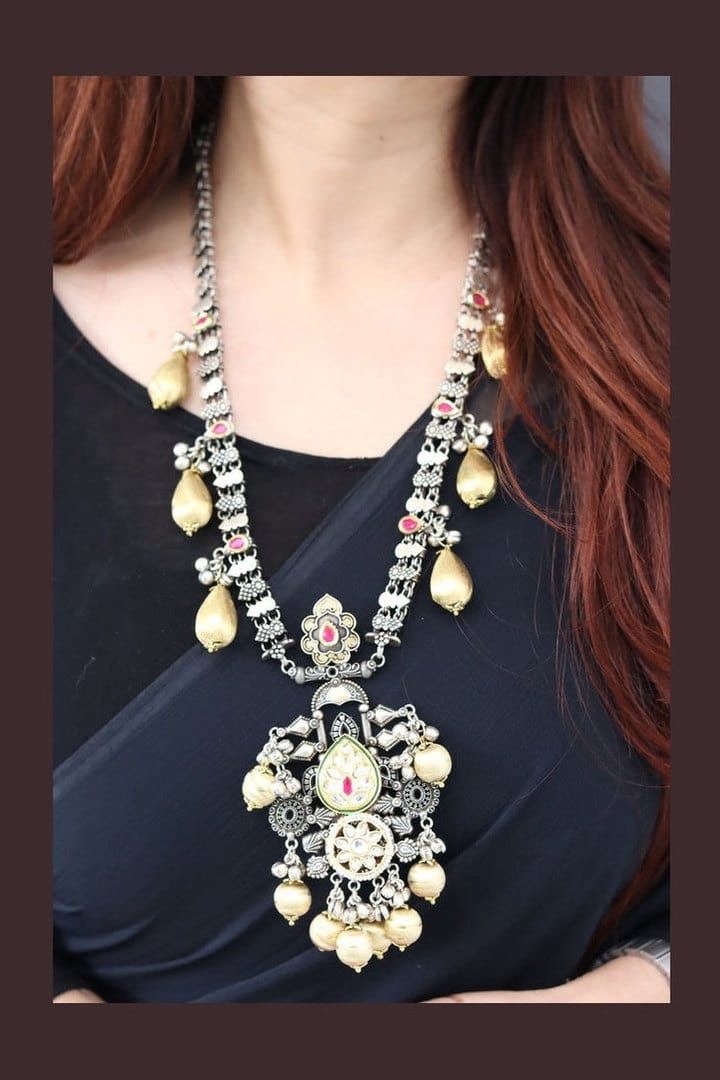 Aganya kreation German silver set Adhyavi Set - Elegant German Silver Jewelry with Kundan Pearls