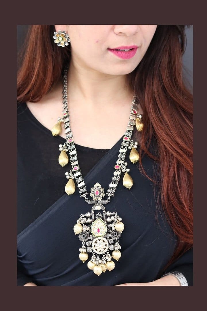 Aganya kreation German silver set Adhyavi Set - Elegant German Silver Jewelry with Kundan Pearls