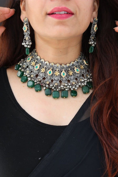 Aganya kreation German silver set Aprajita Set - Exquisite German Silver Kundan Jewelry DARK GREEN