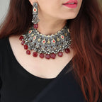 Aganya kreation German silver set Aprajita Set - Exquisite German Silver Kundan Jewelry DARK RED
