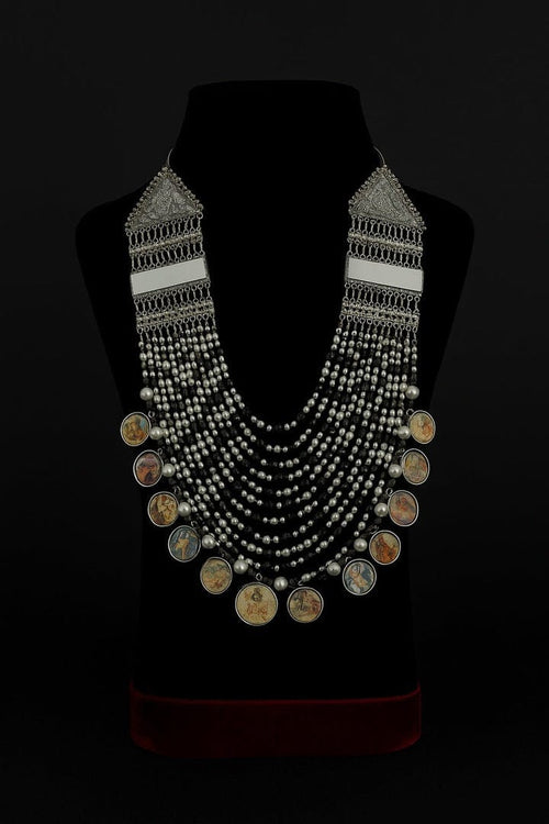 Aganya kreation German silver set Navratri Special Hand Painted Mirror Studded Jewelry