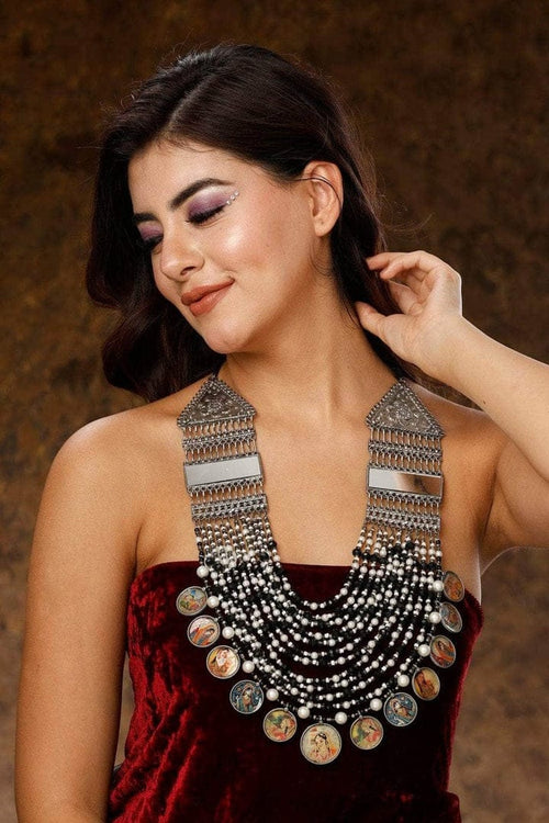 Aganya kreation German silver set Navratri Special Hand Painted Mirror Studded Jewelry