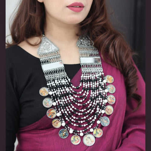 Aganya kreation German silver set Navratri Special Hand Painted Mirror Studded Jewelry