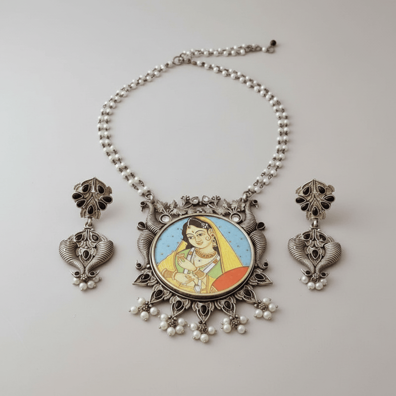 Aganya kreation German silver set Shagun Set - Hand-Painted Silver Plated Necklace & Earrings