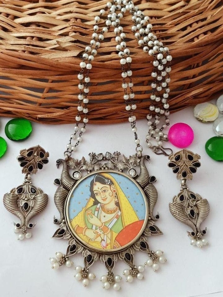 Aganya kreation German silver set Shagun Set - Hand-Painted Silver Plated Necklace & Earrings