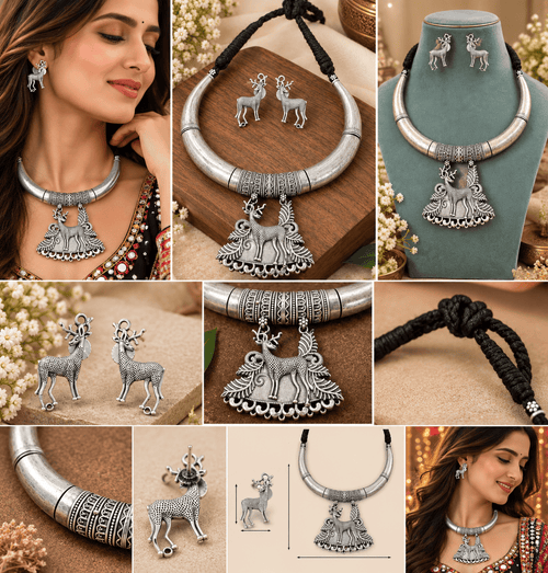 Aganya kreation Jewelry Aaratrika Tribal Deer Motif Hasli German Silver Necklace Set with Earrings