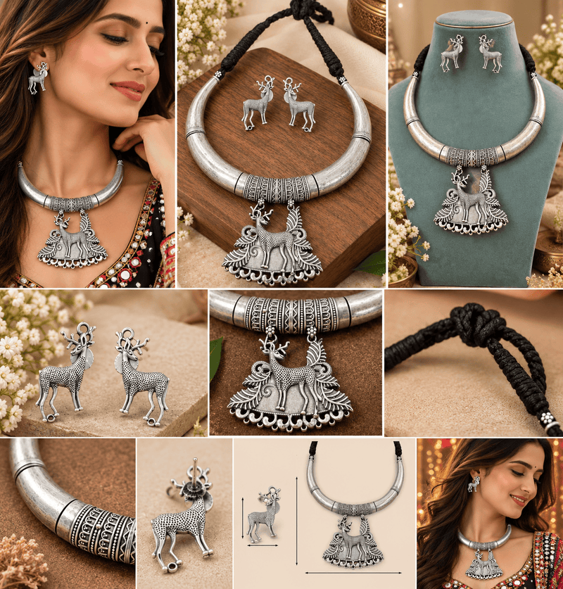 Aganya kreation Jewelry Aaratrika Tribal Deer Motif Hasli German Silver Necklace Set with Earrings