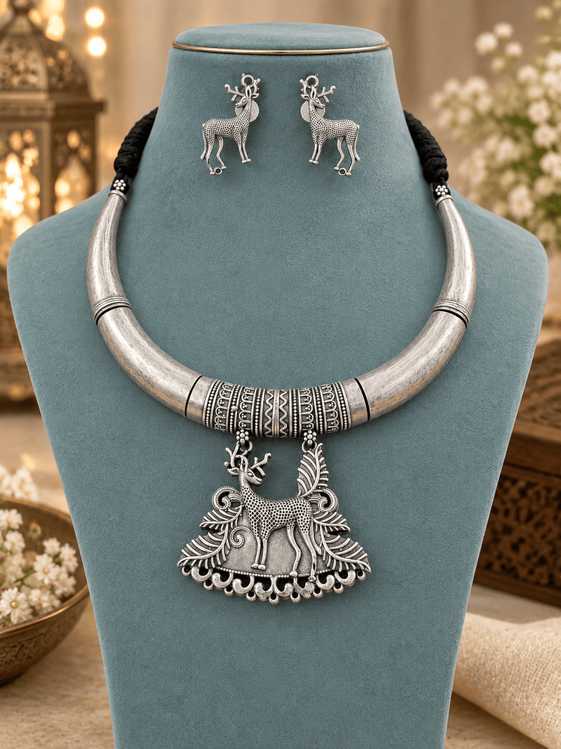 Aganya kreation Jewelry Aaratrika Tribal Deer Motif Hasli German Silver Necklace Set with Earrings
