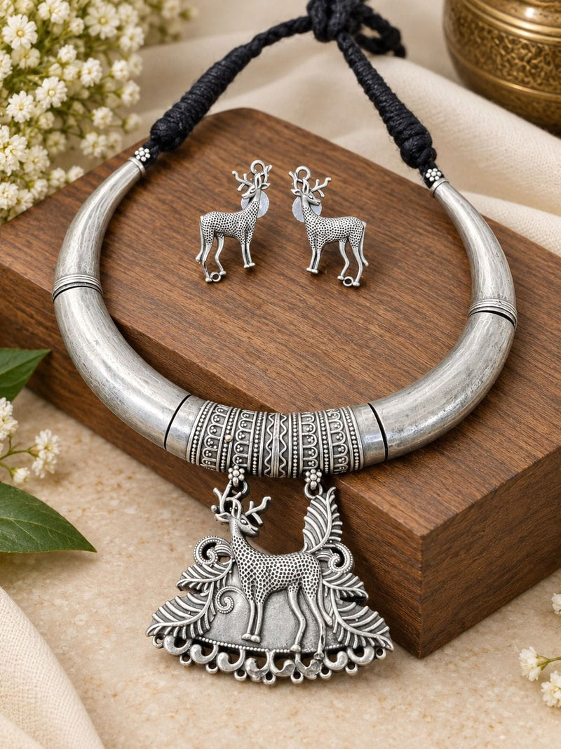 Aganya kreation Jewelry Aaratrika Tribal Deer Motif Hasli German Silver Necklace Set with Earrings