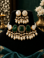 Aganya kreation Jewelry Hemangi Monalisa Faux Pearl & Monalisa Stone Necklace Set – Gold-Plated Ethnic Jewellery Dark green