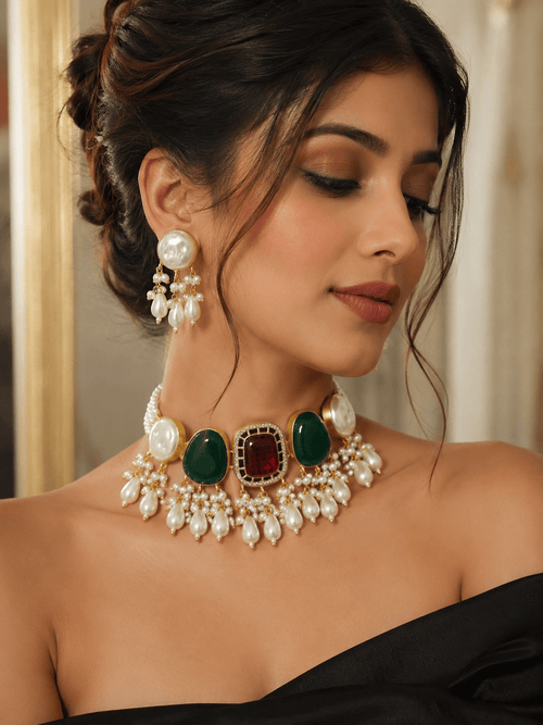 Aganya kreation Jewelry Hemangi Monalisa Faux Pearl & Monalisa Stone Necklace Set – Gold-Plated Ethnic Jewellery Dark green and maroon