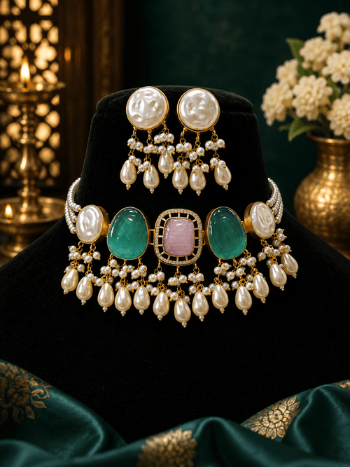 Aganya kreation Jewelry Hemangi Monalisa Faux Pearl & Monalisa Stone Necklace Set – Gold-Plated Ethnic Jewellery Green and pink