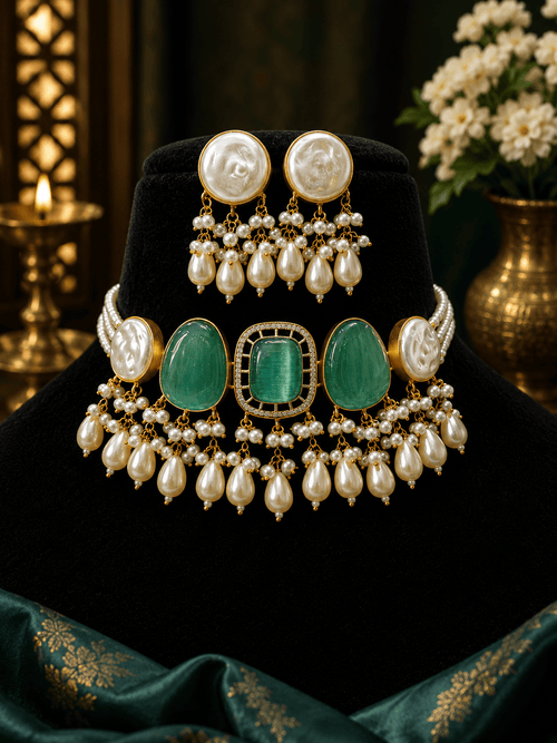 Aganya kreation Jewelry Hemangi Monalisa Faux Pearl & Monalisa Stone Necklace Set – Gold-Plated Ethnic Jewellery Light green