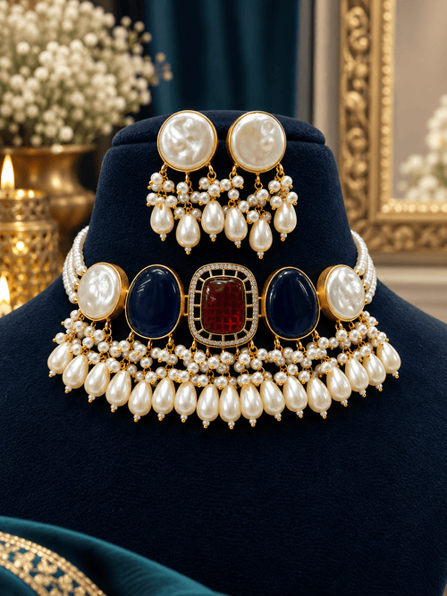 Aganya kreation Jewelry Hemangi Monalisa Faux Pearl & Monalisa Stone Necklace Set – Gold-Plated Ethnic Jewellery Maroon and Blue