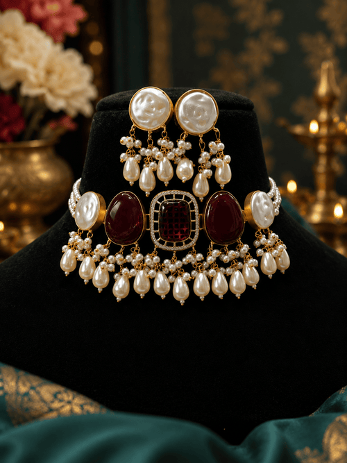 Aganya kreation Jewelry Hemangi Monalisa Faux Pearl & Monalisa Stone Necklace Set – Gold-Plated Ethnic Jewellery Maroon red