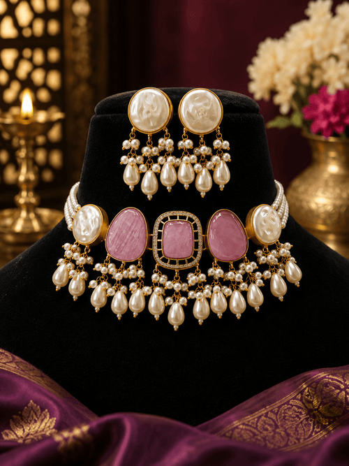 Aganya kreation Jewelry Hemangi Monalisa Faux Pearl & Monalisa Stone Necklace Set – Gold-Plated Ethnic Jewellery Pink