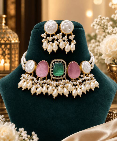 Aganya kreation Jewelry Hemangi Monalisa Faux Pearl & Monalisa Stone Necklace Set – Gold-Plated Ethnic Jewellery Pink and Green
