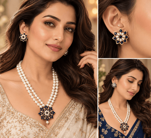 Aganya kreation Jewelry Imara Real Pearl Set — Freshwater & Shell Pearls with CZ on 22-Inch Brass Chain