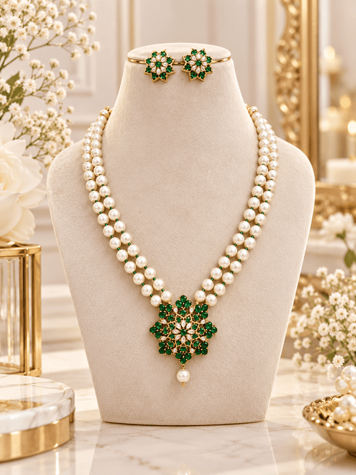 Aganya kreation Jewelry Imara Real Pearl Set — Freshwater & Shell Pearls with CZ on 22-Inch Brass Chain