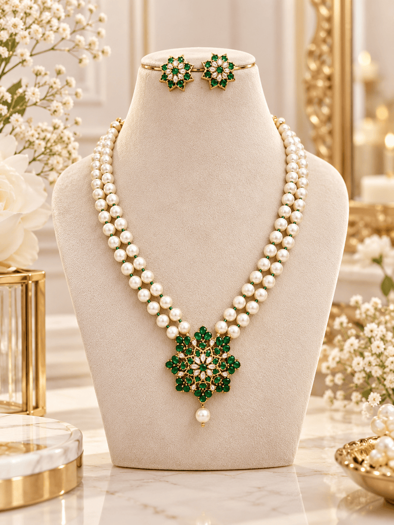 Aganya kreation Jewelry Imara Real Pearl Set — Freshwater & Shell Pearls with CZ on 22-Inch Brass Chain