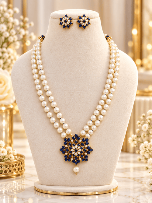 Aganya kreation Jewelry Imara Real Pearl Set — Freshwater & Shell Pearls with CZ on 22-Inch Brass Chain