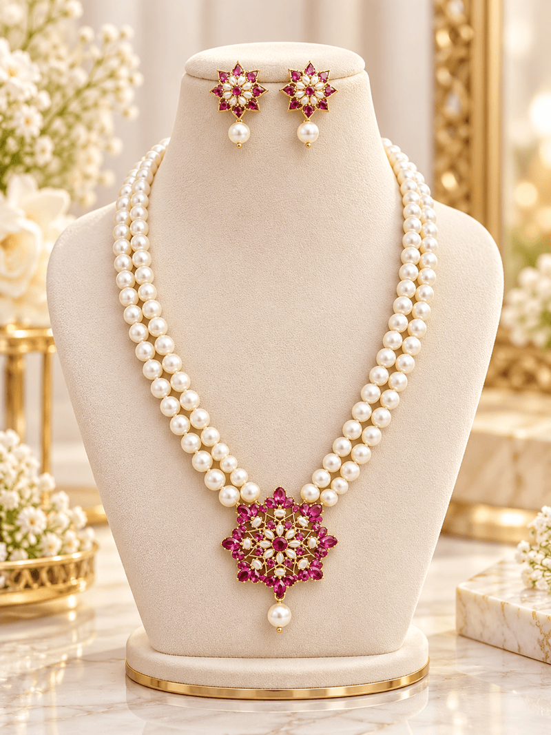 Aganya kreation Jewelry Imara Real Pearl Set — Freshwater & Shell Pearls with CZ on 22-Inch Brass Chain