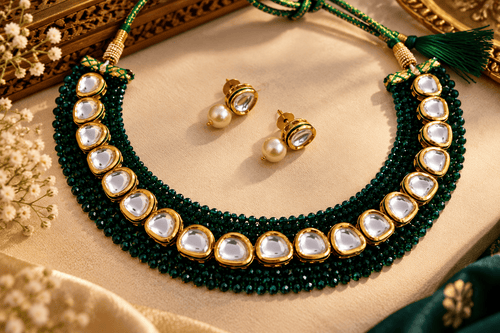 Aganya kreation Jewelry Iraja Emerald Hydro Beads Kundan Necklace Set with Pearl Drop Earrings
