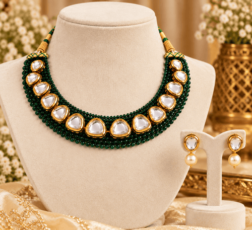 Aganya kreation Jewelry Iraja Emerald Hydro Beads Kundan Necklace Set with Pearl Drop Earrings