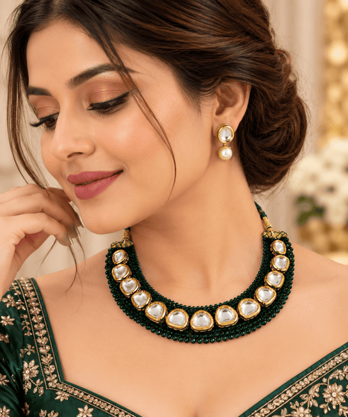 Aganya kreation Jewelry Iraja Emerald Hydro Beads Kundan Necklace Set with Pearl Drop Earrings