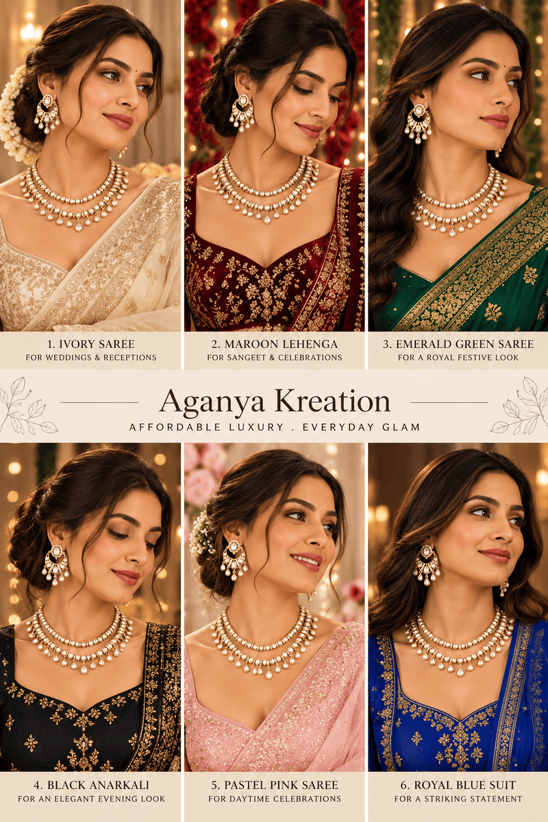 Aganya kreation Jewelry Kairavi Antique Gold Plated Moissanite Polki Kundan Set | Aganya Kreation