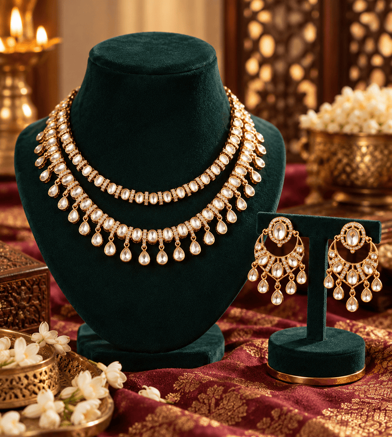 Aganya kreation Jewelry Kairavi Antique Gold Plated Moissanite Polki Kundan Set | Aganya Kreation