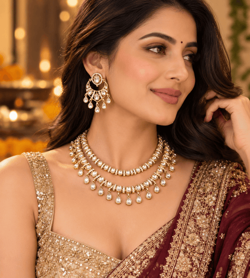 Aganya kreation Jewelry Kairavi Antique Gold Plated Moissanite Polki Kundan Set | Aganya Kreation