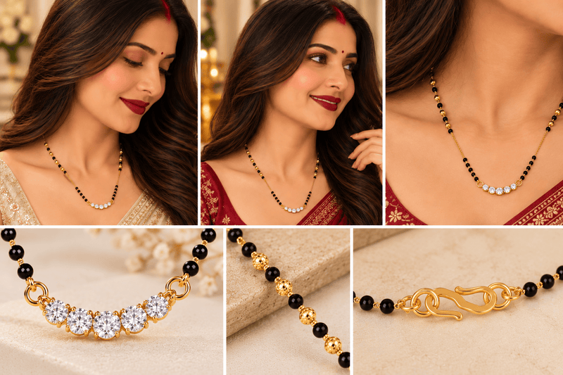 Aganya kreation Jewelry Katyani American Diamond Gold Plated Black Beads Mangalsutra for Women | Aganya Kreation