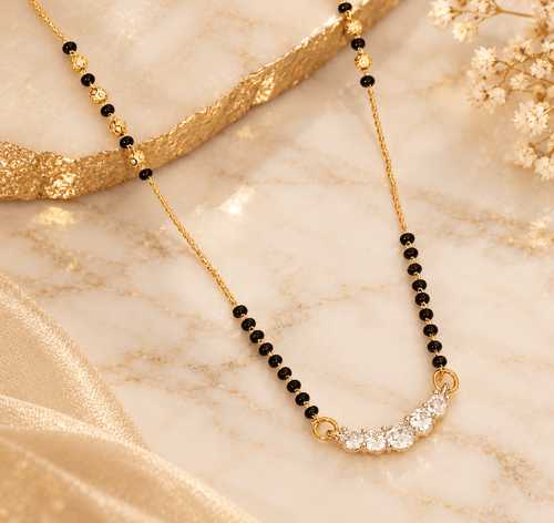 Aganya kreation Jewelry Katyani American Diamond Gold Plated Black Beads Mangalsutra for Women | Aganya Kreation