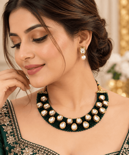 Aganya kreation Jewelry Kavisha Green Hydro Beads Kundan Necklace Set | Aganya Kreation