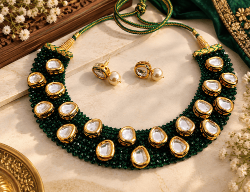 Aganya kreation Jewelry Kavisha Green Hydro Beads Kundan Necklace Set | Aganya Kreation