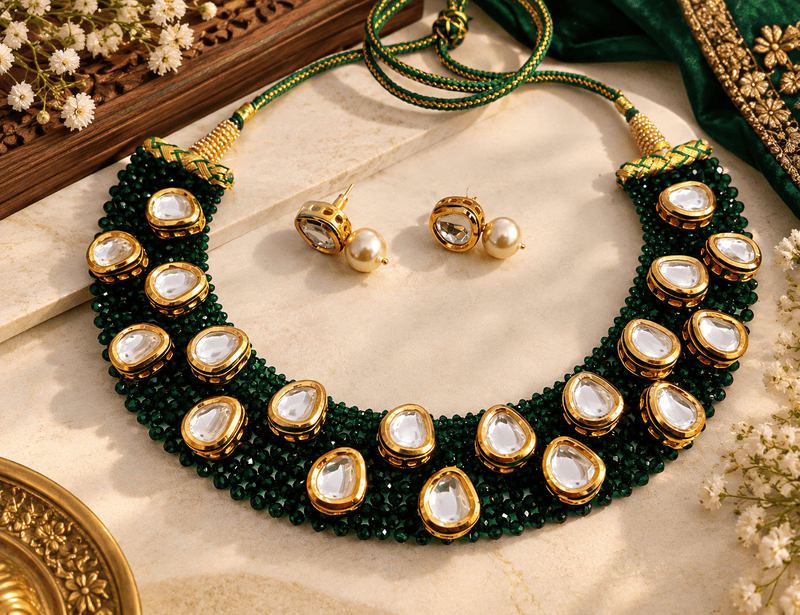 Aganya kreation Jewelry Kavisha Green Hydro Beads Kundan Necklace Set | Aganya Kreation