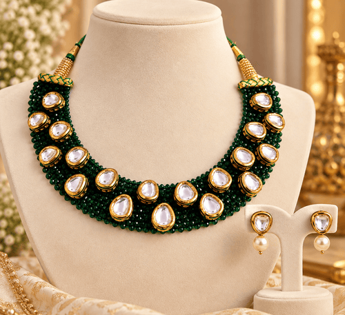 Aganya kreation Jewelry Kavisha Green Hydro Beads Kundan Necklace Set | Aganya Kreation