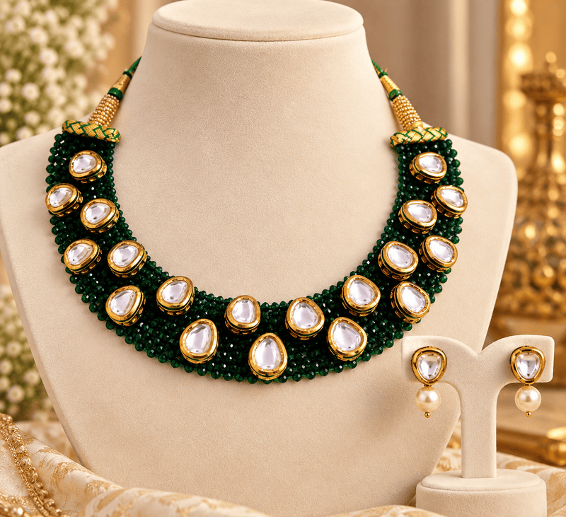 Aganya kreation Jewelry Kavisha Green Hydro Beads Kundan Necklace Set | Aganya Kreation