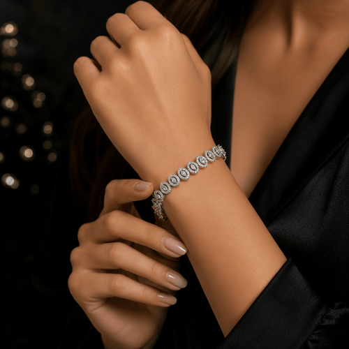 Aganya kreation Jewelry Luxury Zirconia Diamond Marquise Link Bracelet for Women – Silver Finish