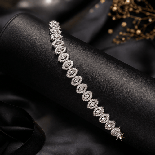 Aganya kreation Jewelry Luxury Zirconia Diamond Marquise Link Bracelet for Women – Silver Finish