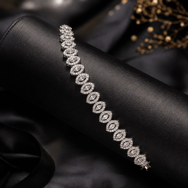 Aganya kreation Jewelry Luxury Zirconia Diamond Marquise Link Bracelet for Women – Silver Finish