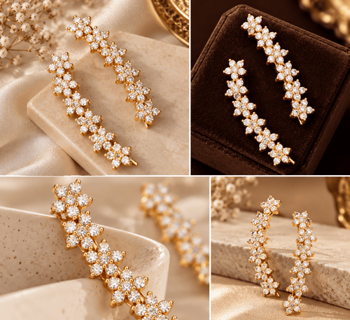 Aganya kreation Jewelry Madhavi American Diamond Floral Gold Plated Ear Cuff Earrings for Women | Aganya Kreation