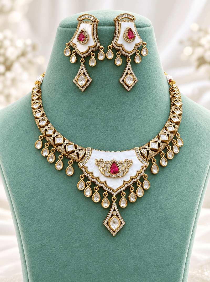 Aganya kreation Jewelry Mahira MOP Moissanite Polki Kundan Necklace Set