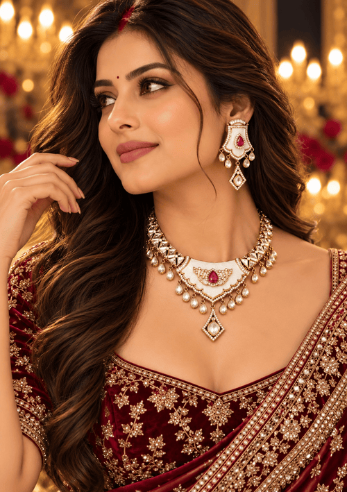 Aganya kreation Jewelry Mahira MOP Moissanite Polki Kundan Necklace Set Red
